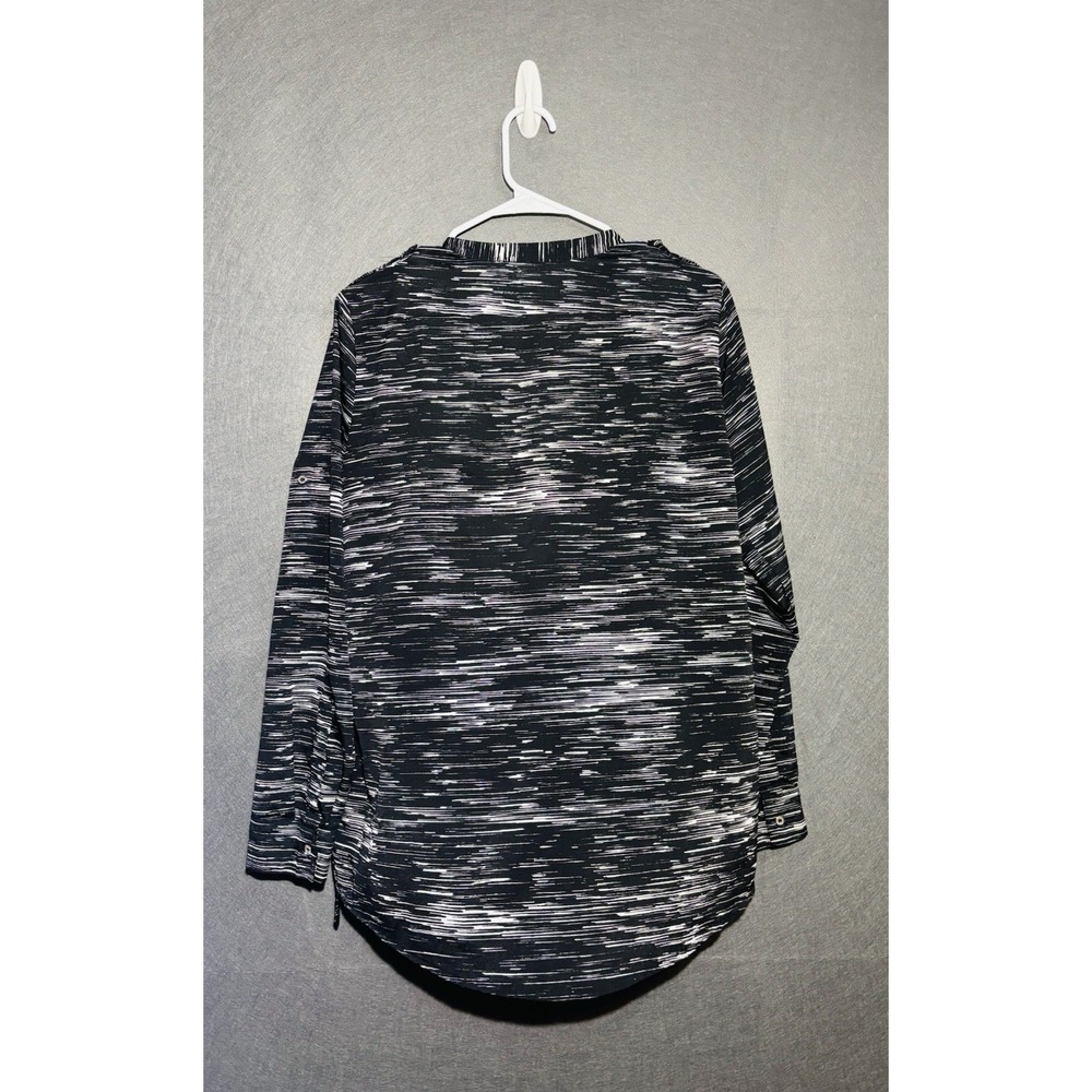 Calvin Klein Women's Blouse M Black White Abstract Print Roll Tab Sleeve - Picture 6 of 16